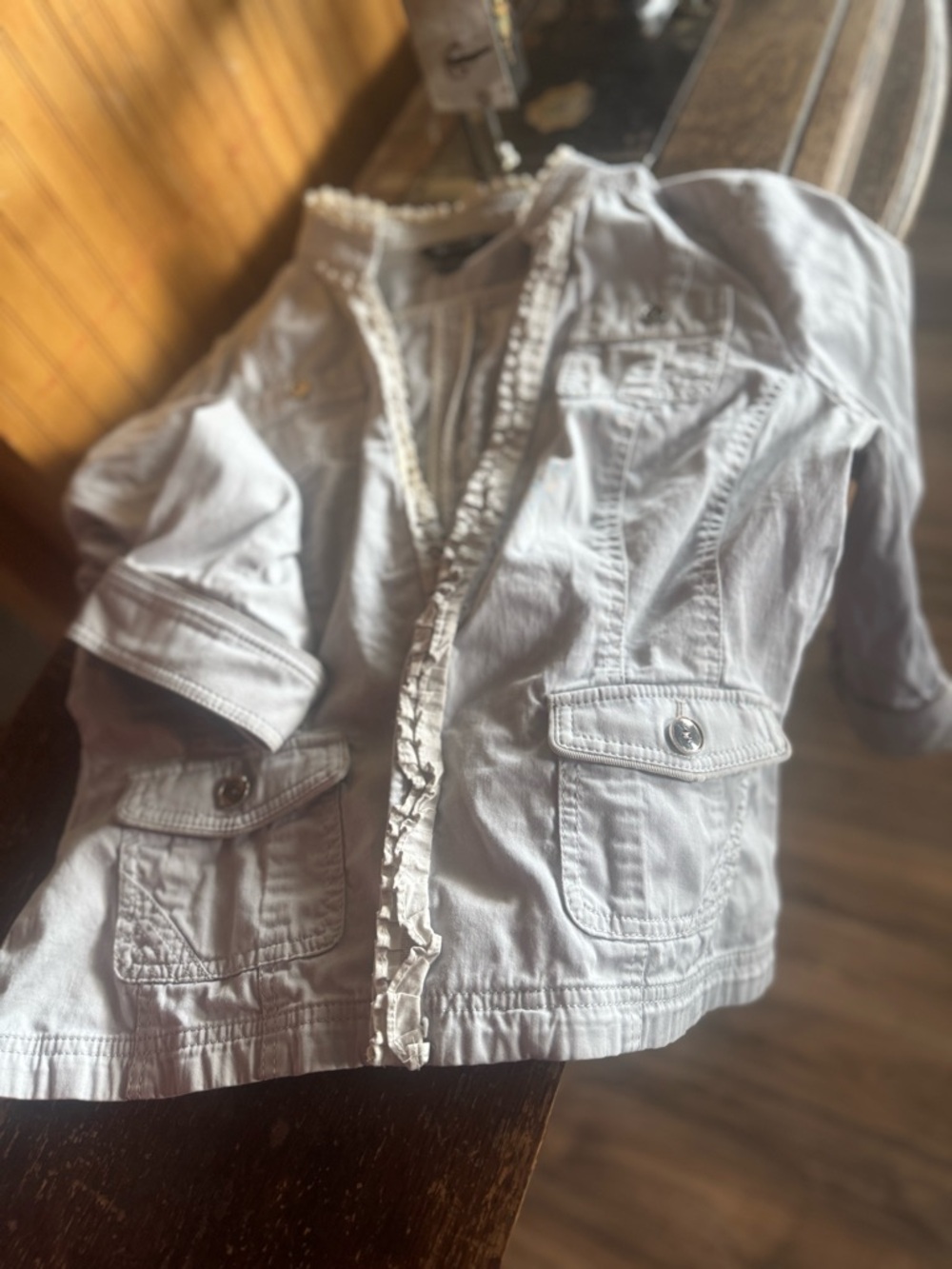 White House Black Market Light Gray Ruffle-Trim Jean Jacket